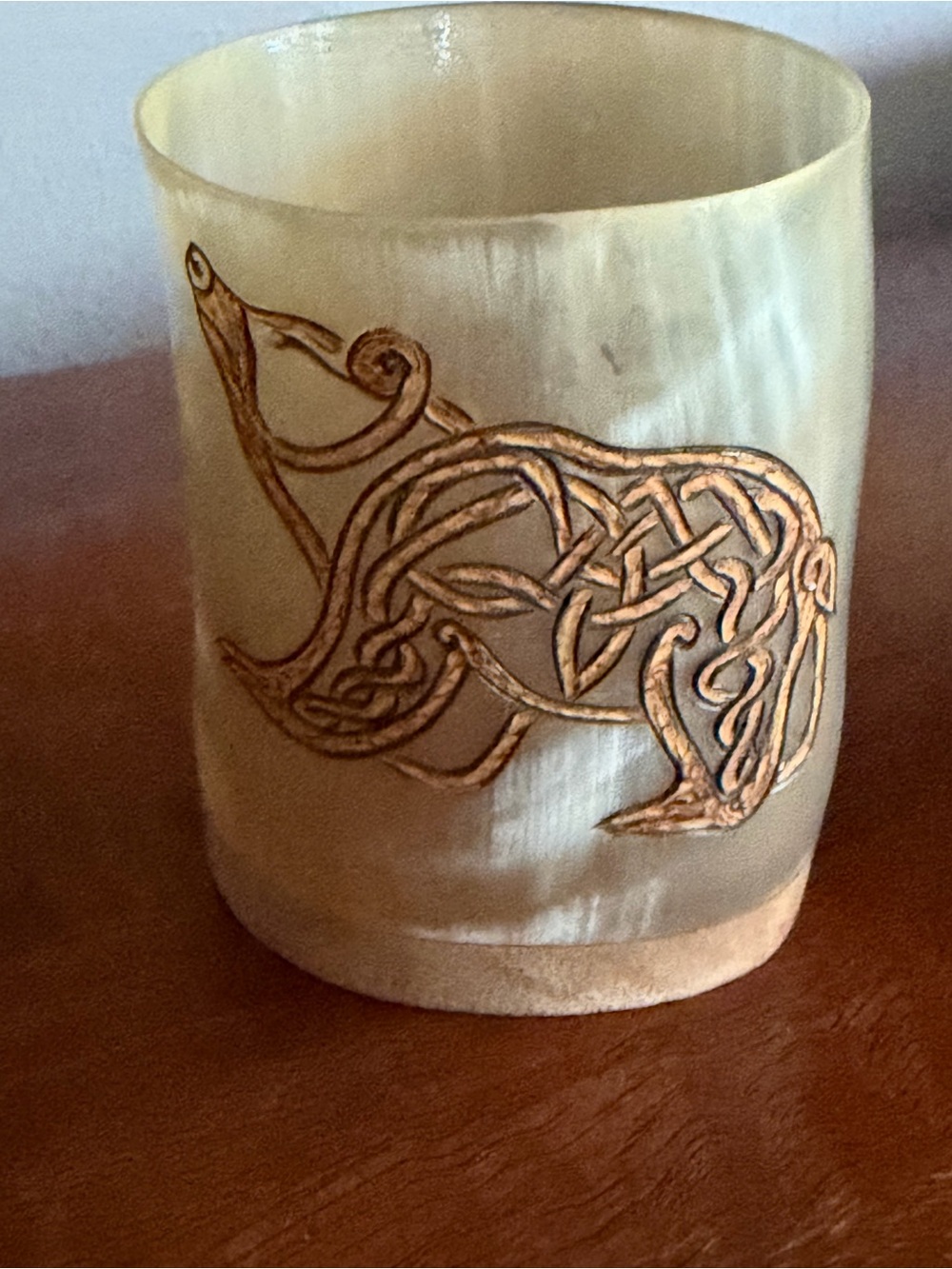 Handcrafted drinking horn with Celtic Bear Design